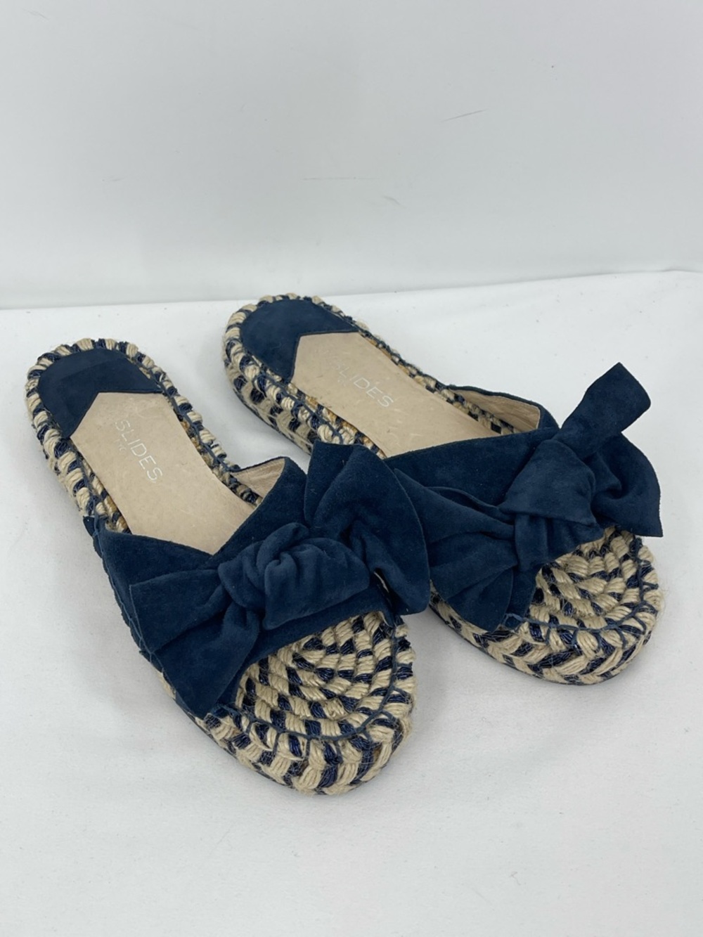 J/SLIDES Women’s Navy Bow Espadrille Slide Sandals SIZE 7.5